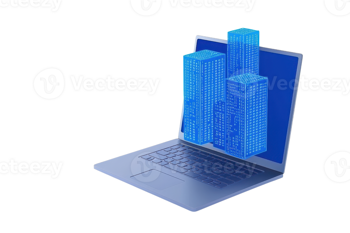 A laptop displaying holographic skyscrapers, symbolizing data visualization and modern architecture. png