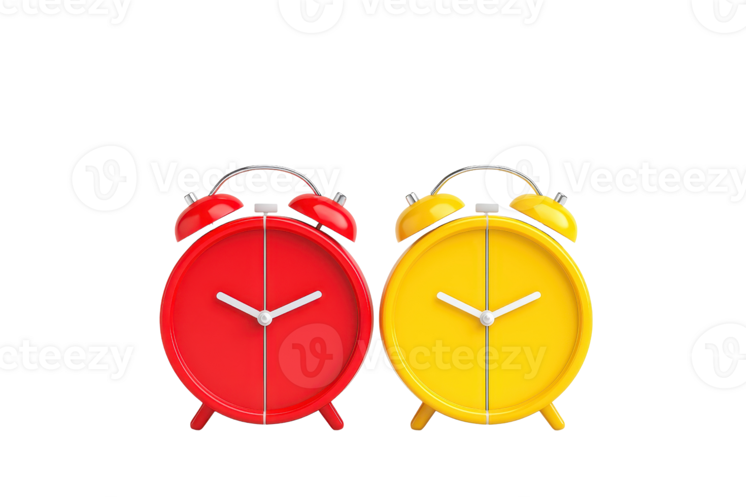Two vibrant alarm clocks, one red and one yellow, both featuring classic bells and white clock faces with hour and minute hands. png