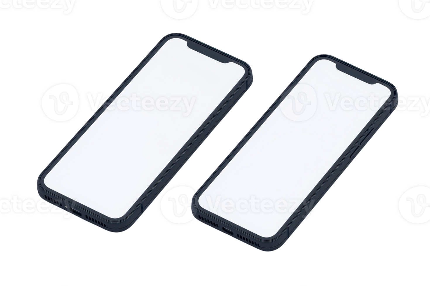 Two smartphones with sleek designs, displaying blank screens, showcasing modern technology and minimalistic aesthetics. png