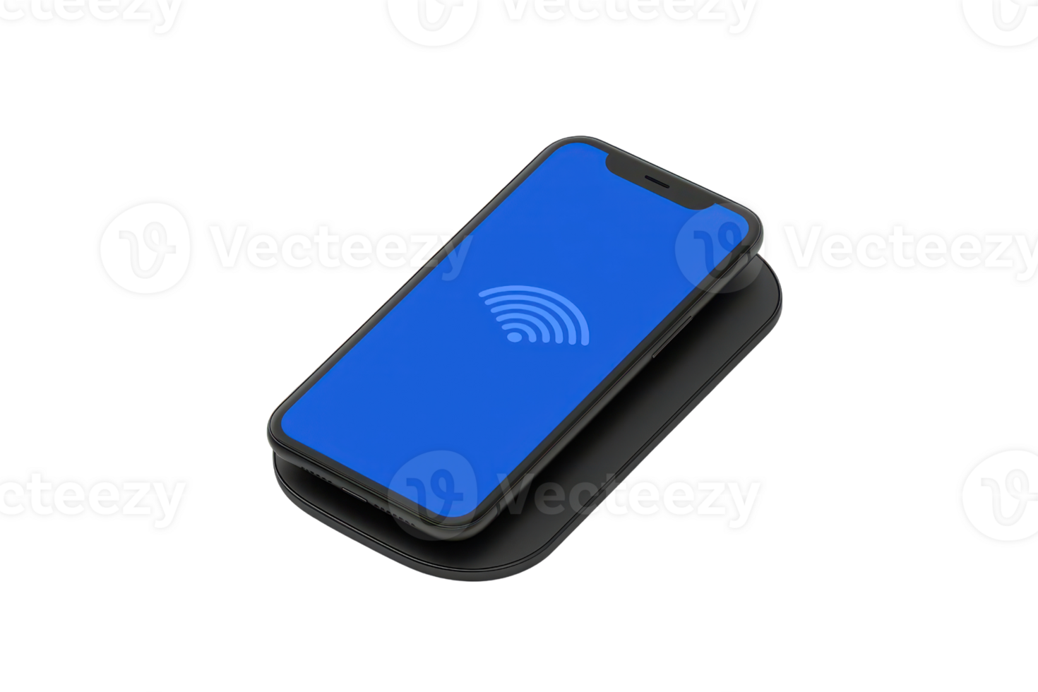 A modern smartphone with a blue screen displaying a wireless signal icon. png