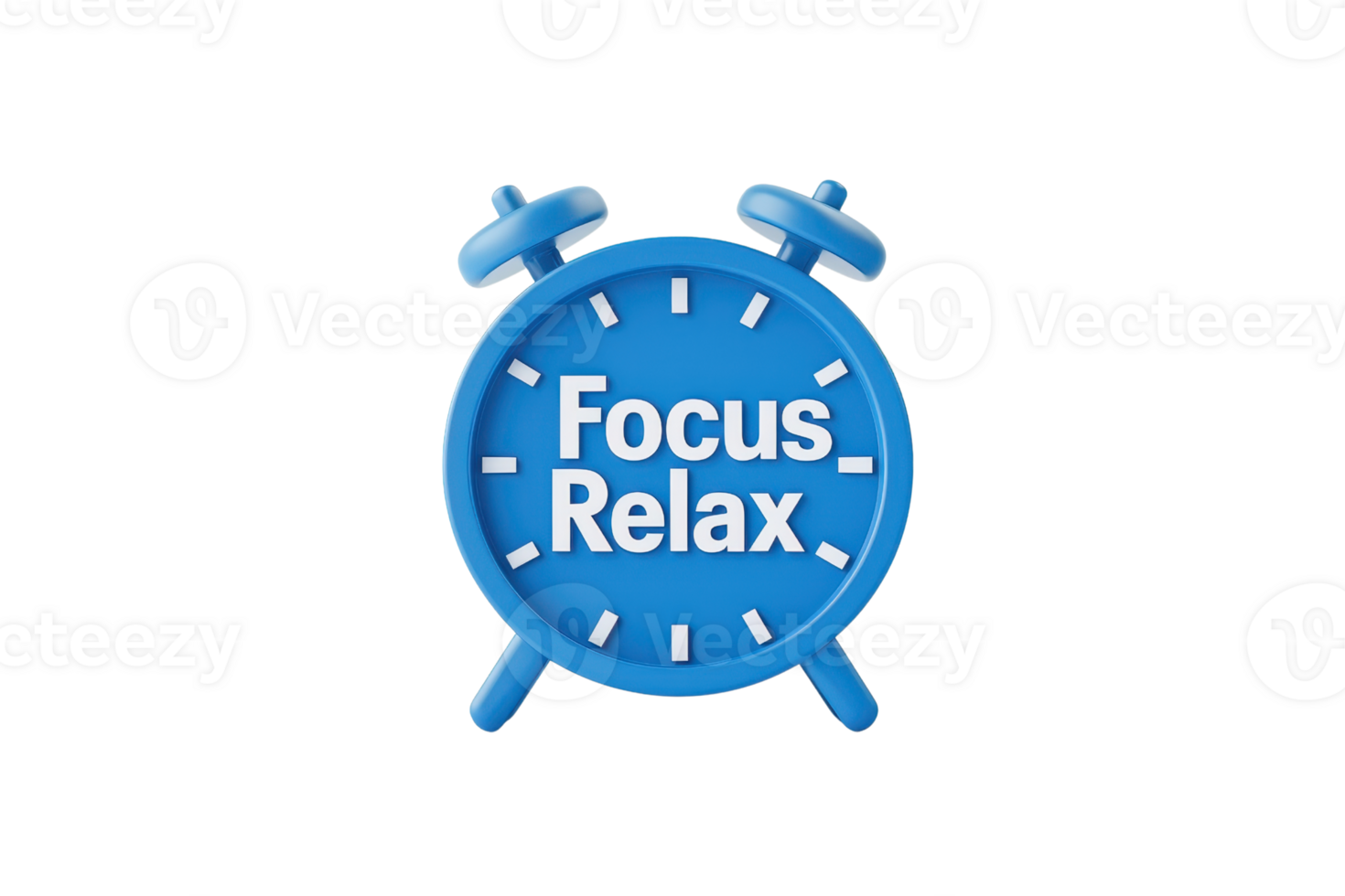 A blue alarm clock features the words Focus and Relax prominently displayed on its face. png