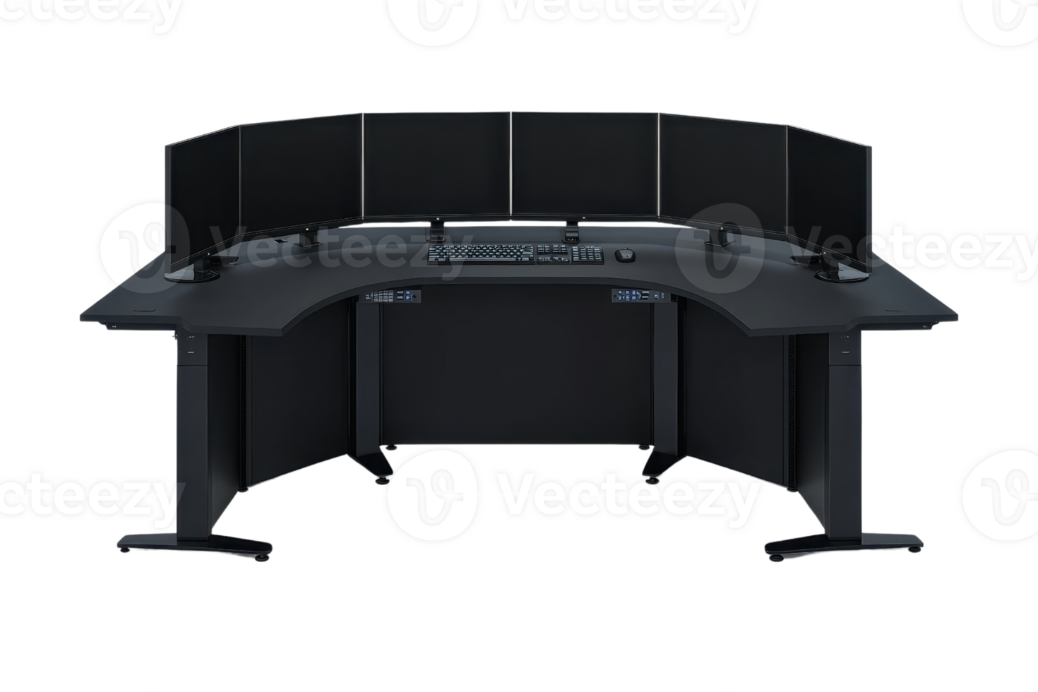 A sleek, modern desk designed for multiple monitors, featuring a curved shape and ergonomic layout for enhanced productivity. png