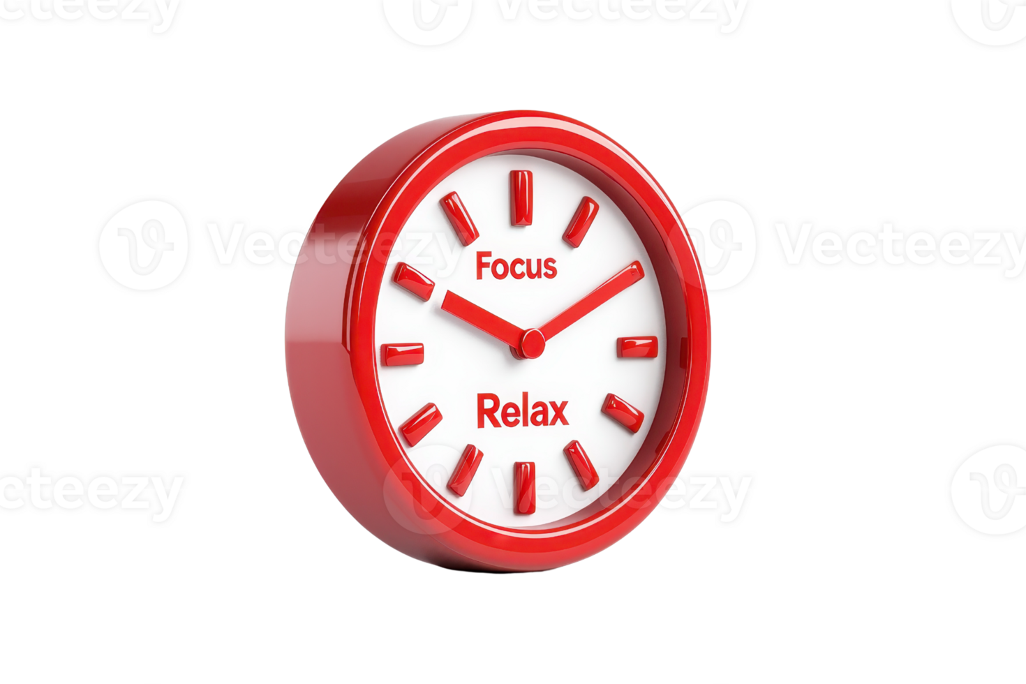 A round red clock displaying the words Focus and Relax on its face, emphasizing time management and balance. png