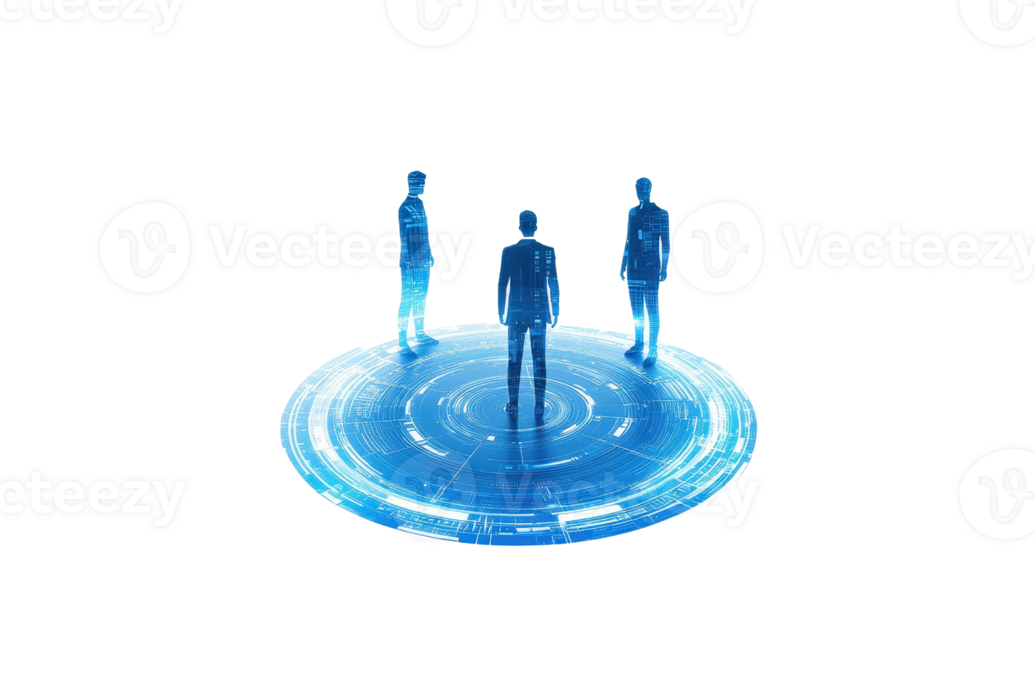 Three stylized figures stand on a circular platform, illuminated in a glowing blue hue, suggesting a futuristic or digital theme. png