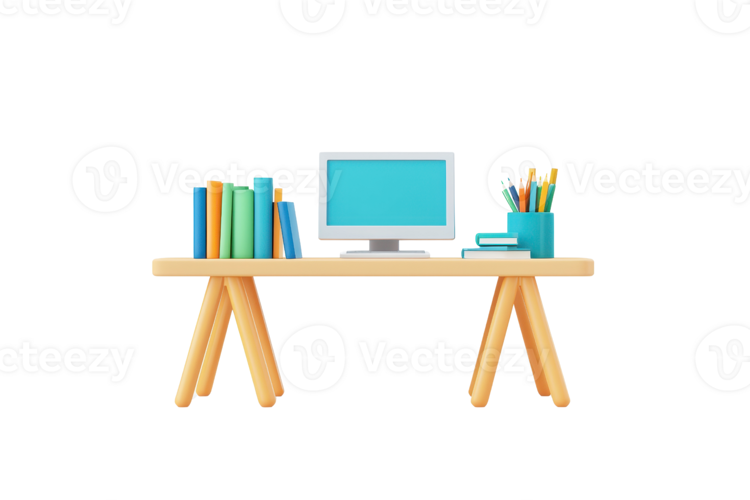 A modern desk featuring a computer, books, and stationery, creating a tidy workspace for productivity. png
