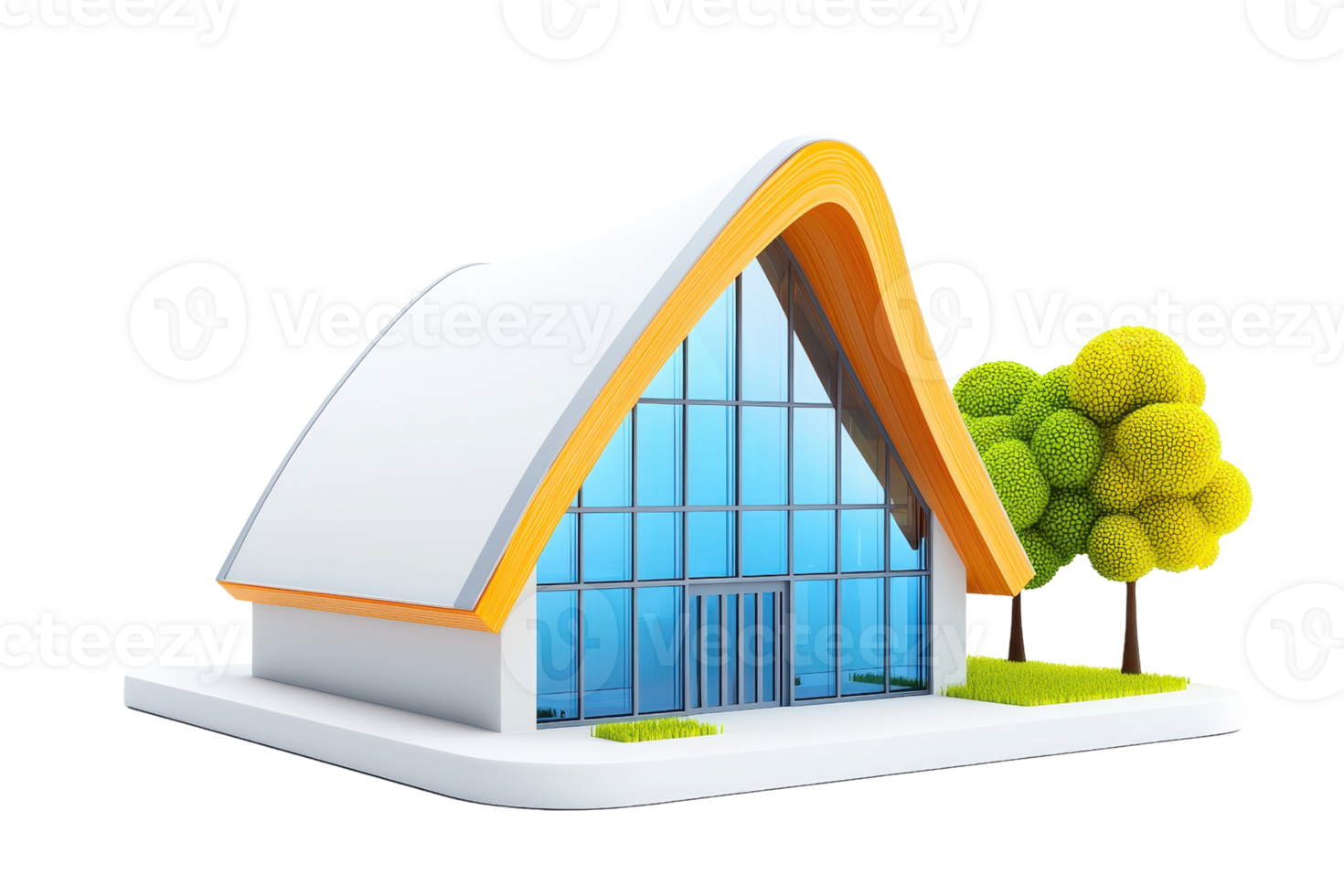 A modern architectural model featuring a curved roof, large glass windows, and stylized trees. png