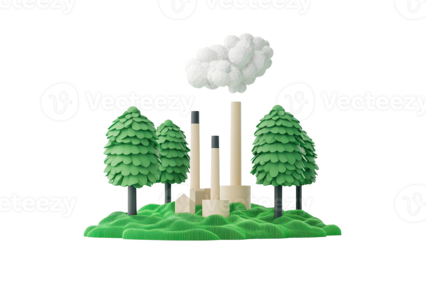 A miniature representation of a factory with smokestacks surrounded by green trees, symbolizing industrial activity and environmental themes. png