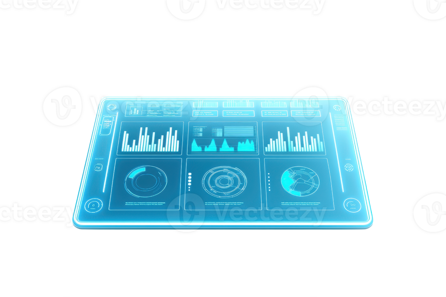 A futuristic digital dashboard displaying various analytical graphs and data visuals. png