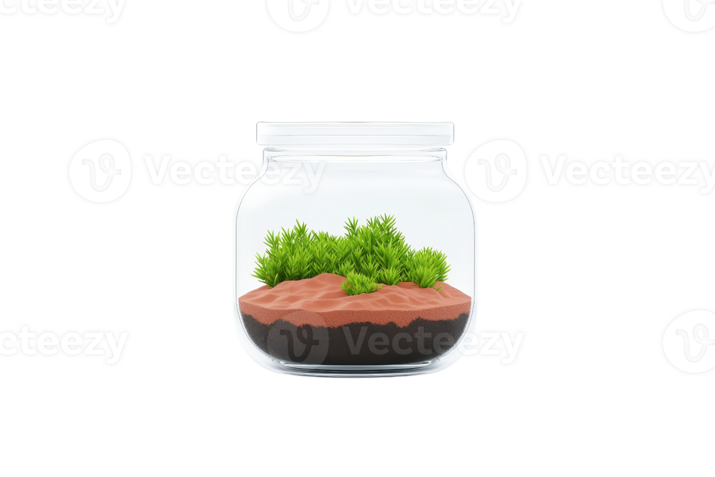 A glass jar contains layers of soil and vibrant green moss, creating a miniature ecosystem. png