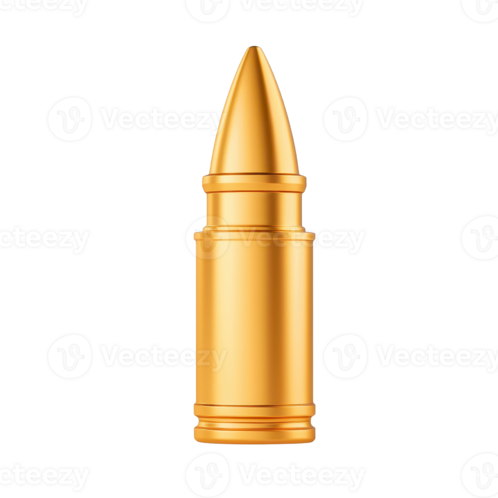 A shiny golden bullet, showcasing a pointed tip and cylindrical casing, reflecting light with a polished finish. png