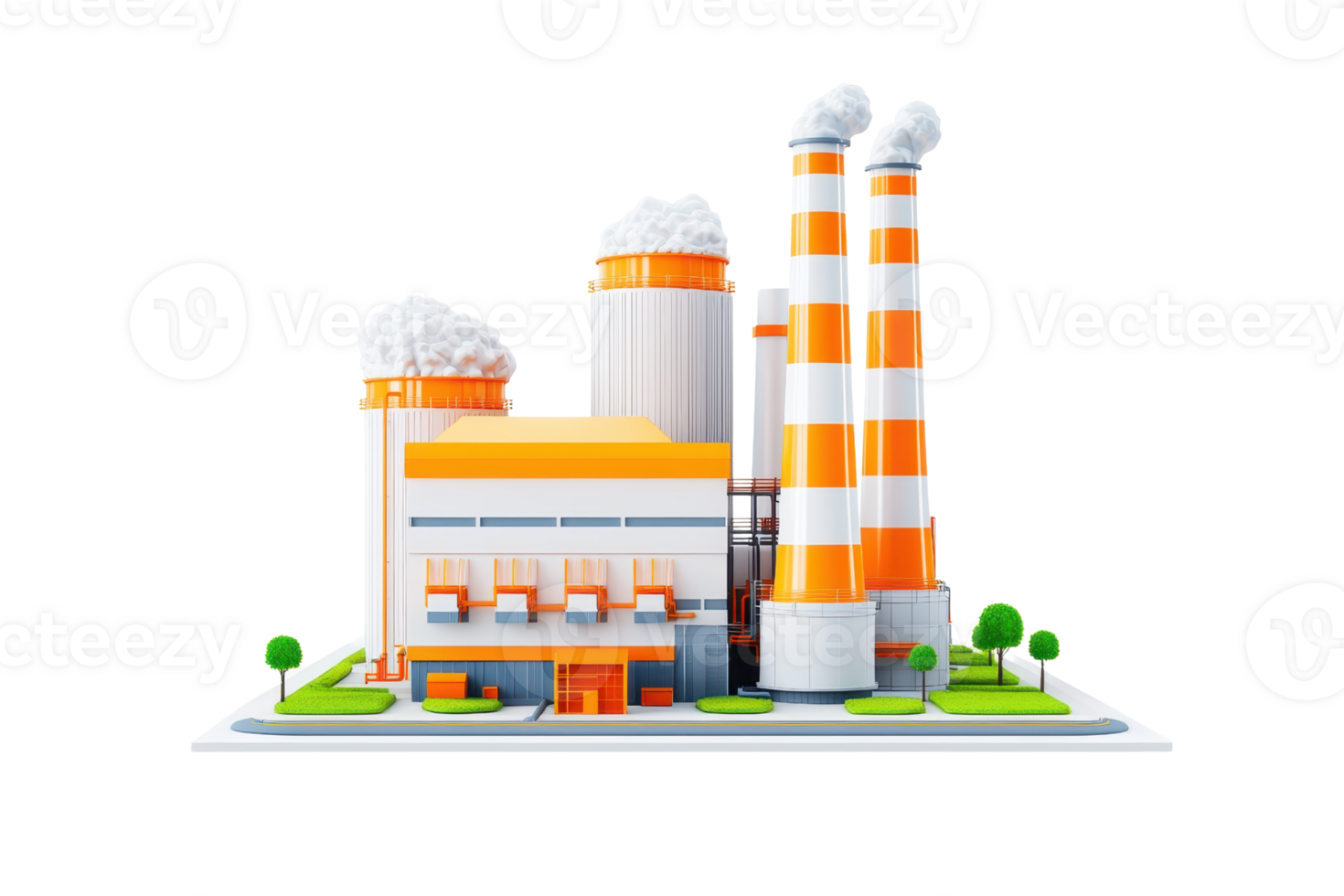 A colorful industrial factory with tall smokestacks, featuring orange and white stripes, and surrounded by small green trees. png