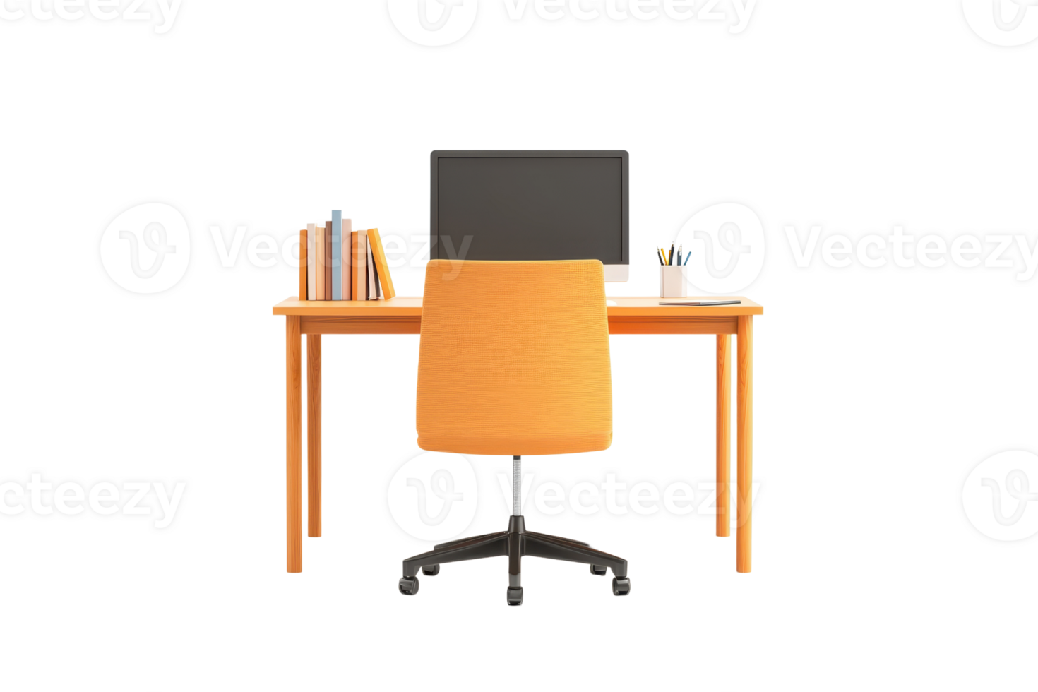 A modern workspace featuring a desk with a monitor, books, and a vibrant orange chair. png