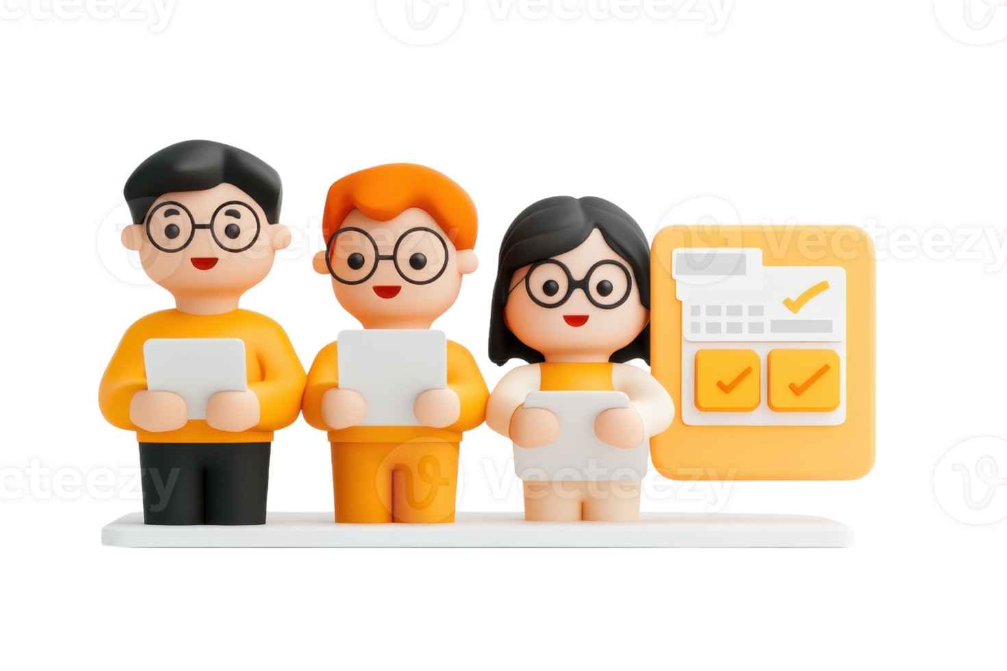 Three cartoonish characters in vibrant attire hold tablets, with one character displaying a checklist and icons beside them. png