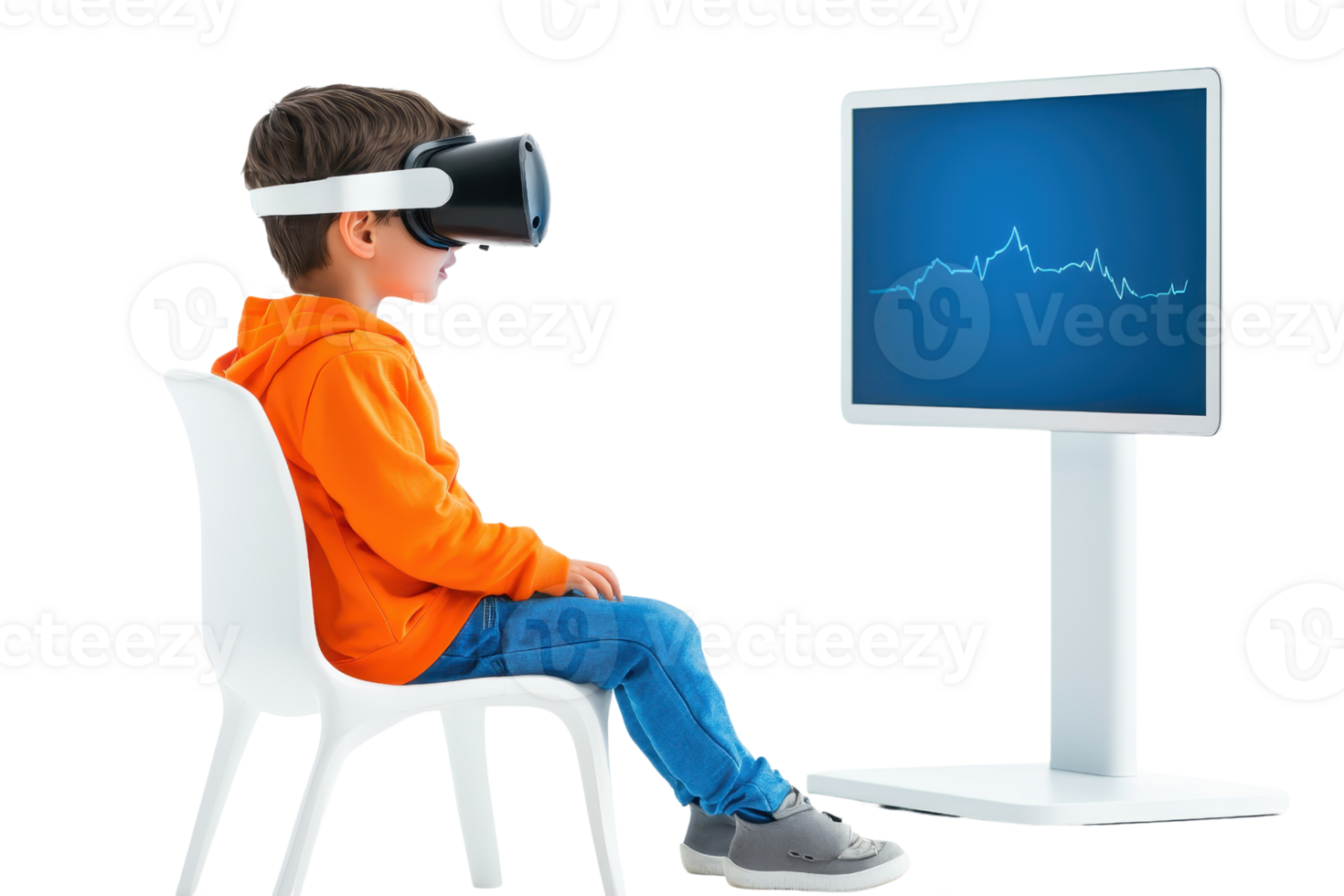 A child wearing a virtual reality headset sits on a chair, focused on a monitor displaying graphical data. png