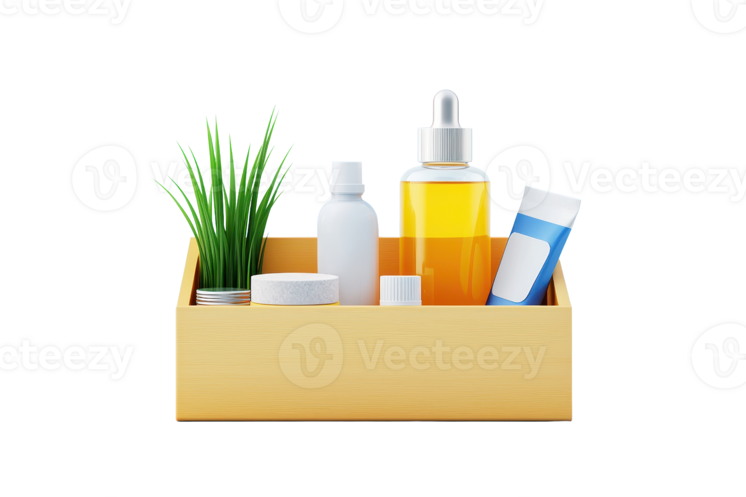 A wooden box contains various skincare products, including oils, creams, and a small plant, emphasizing natural beauty and wellness. png