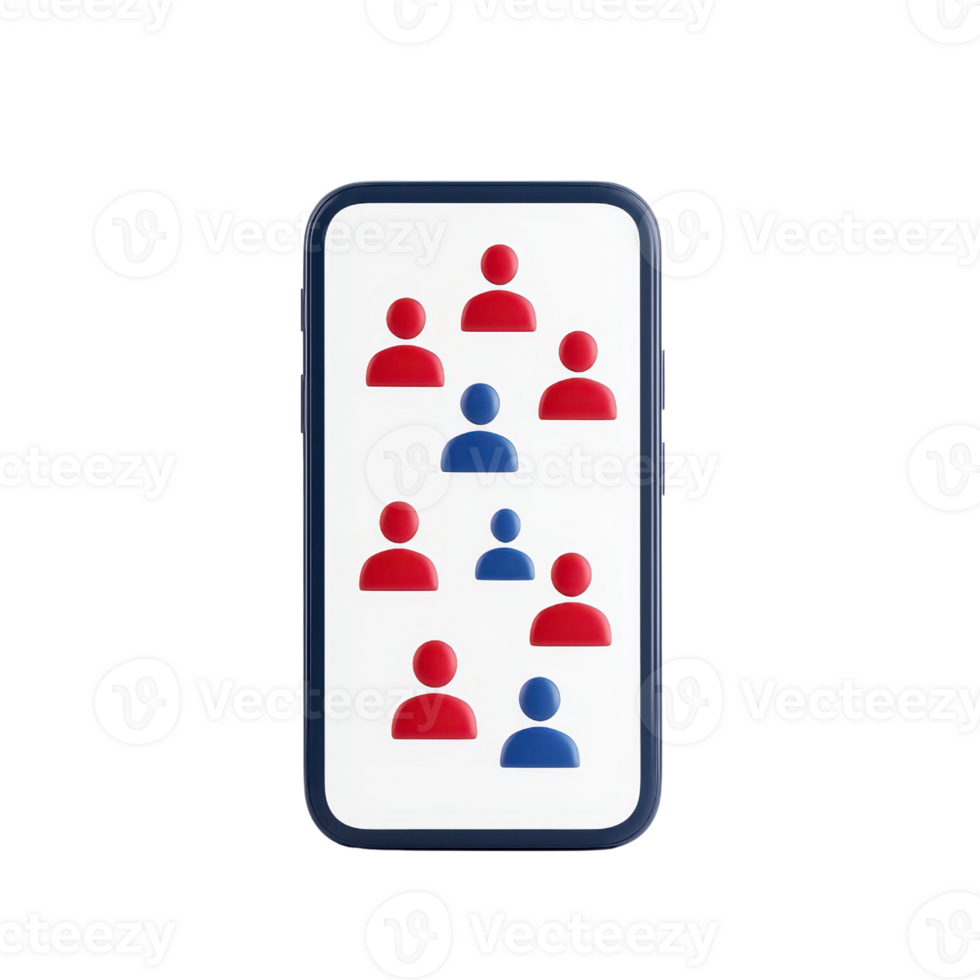 A smartphone displaying a graphic of stylized user profiles in red and blue colors, representing social connections or networking. png