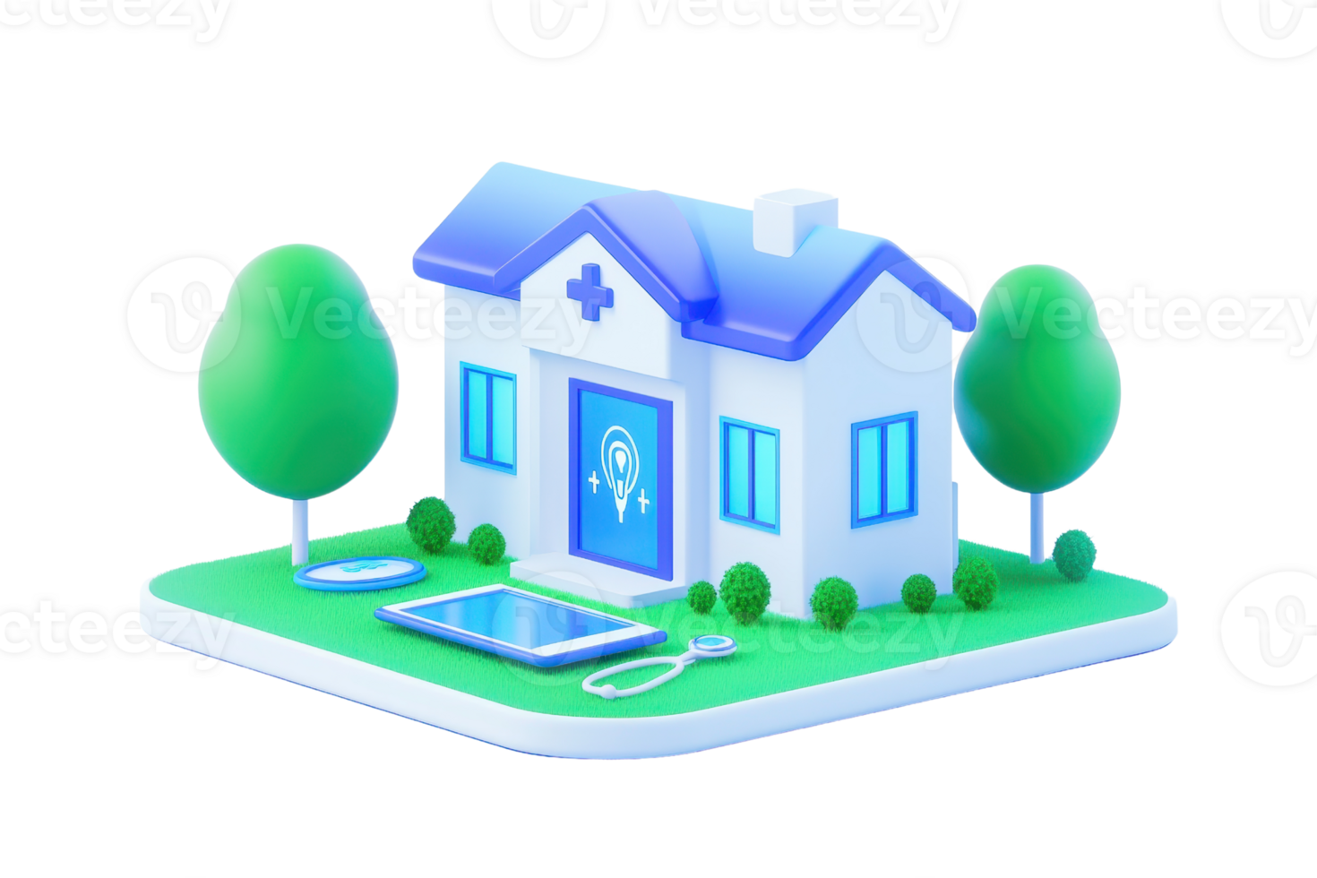 A stylized house with a medical cross, featuring a blue door, surrounded by greenery and a small pool. png