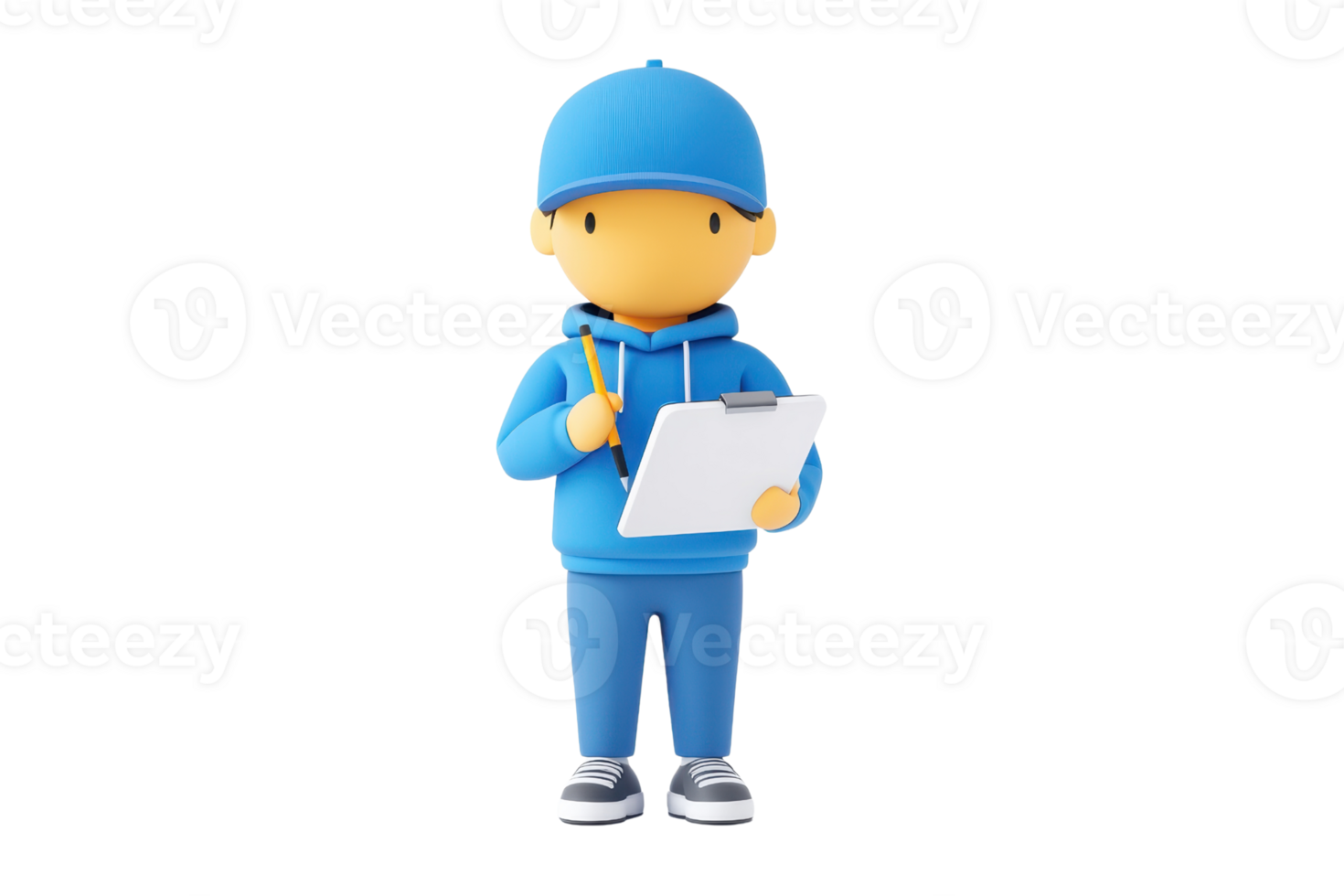 A cartoon character in blue attire holds a clipboard and a pencil, ready to take notes or make observations. png