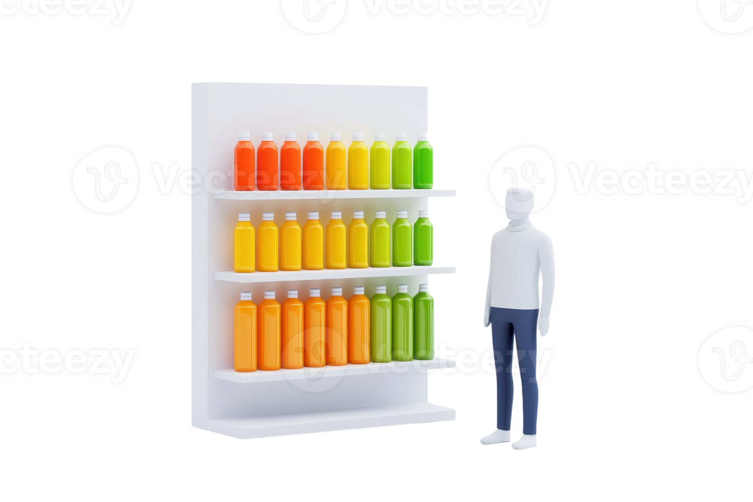 A shelf displays colorful bottles in varying shades of orange and green alongside a figure, creating a vibrant, engaging product showcase. png