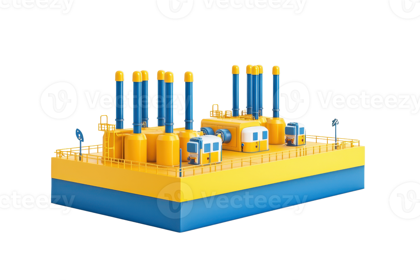 A vibrant yellow and blue industrial platform featuring multiple tall smokestacks and various structures, resembling a facility for energy production or processing. png