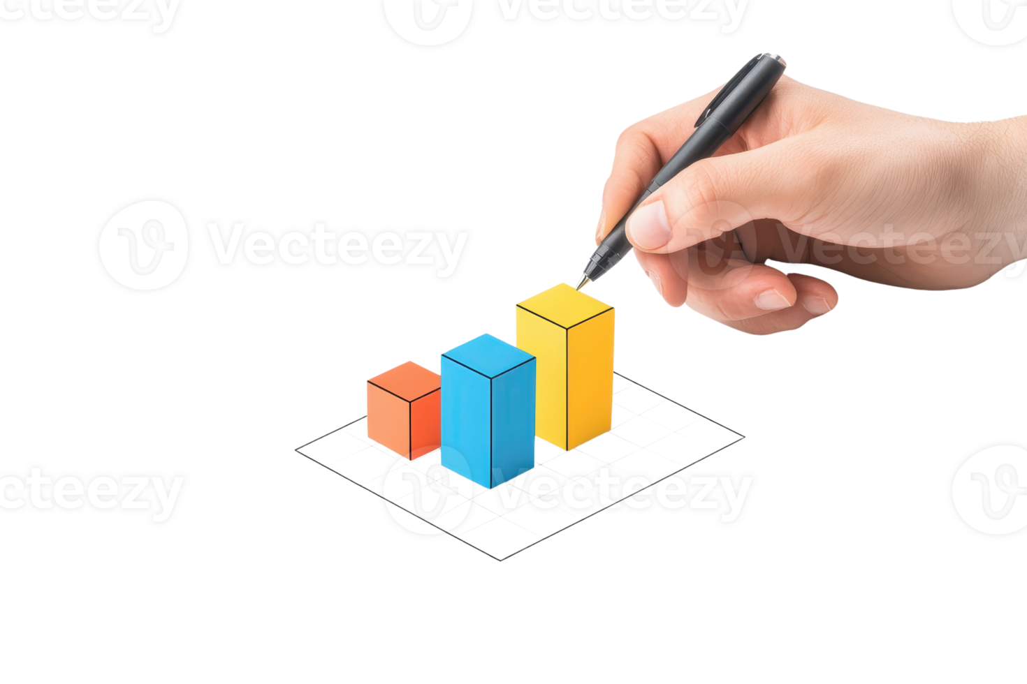 A hand holding a pen is drawing a colorful bar graph with three distinct bars, showcasing growth and data representation. png
