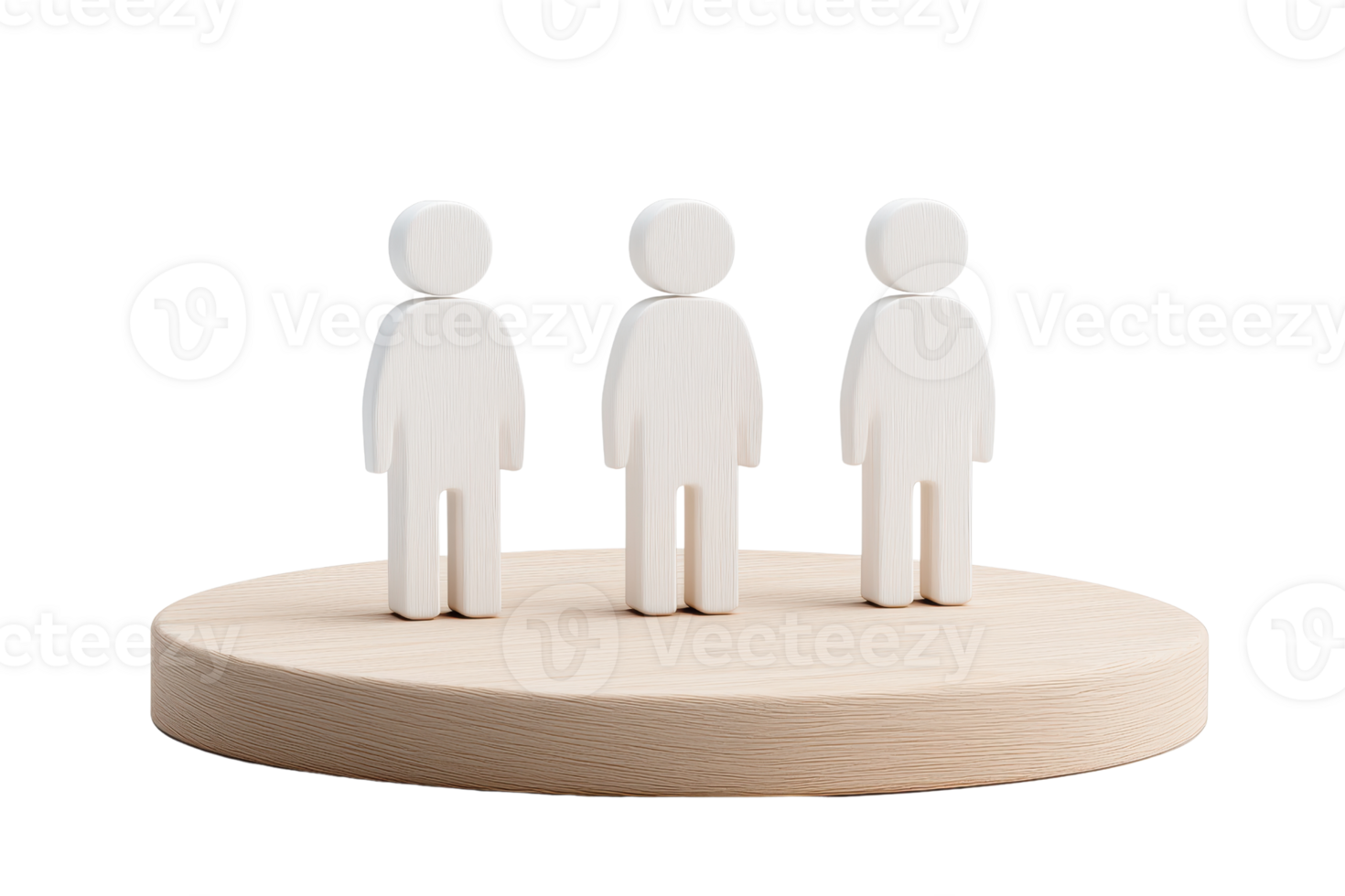 Three wooden figures stand on a circular base, representing unity and community. png