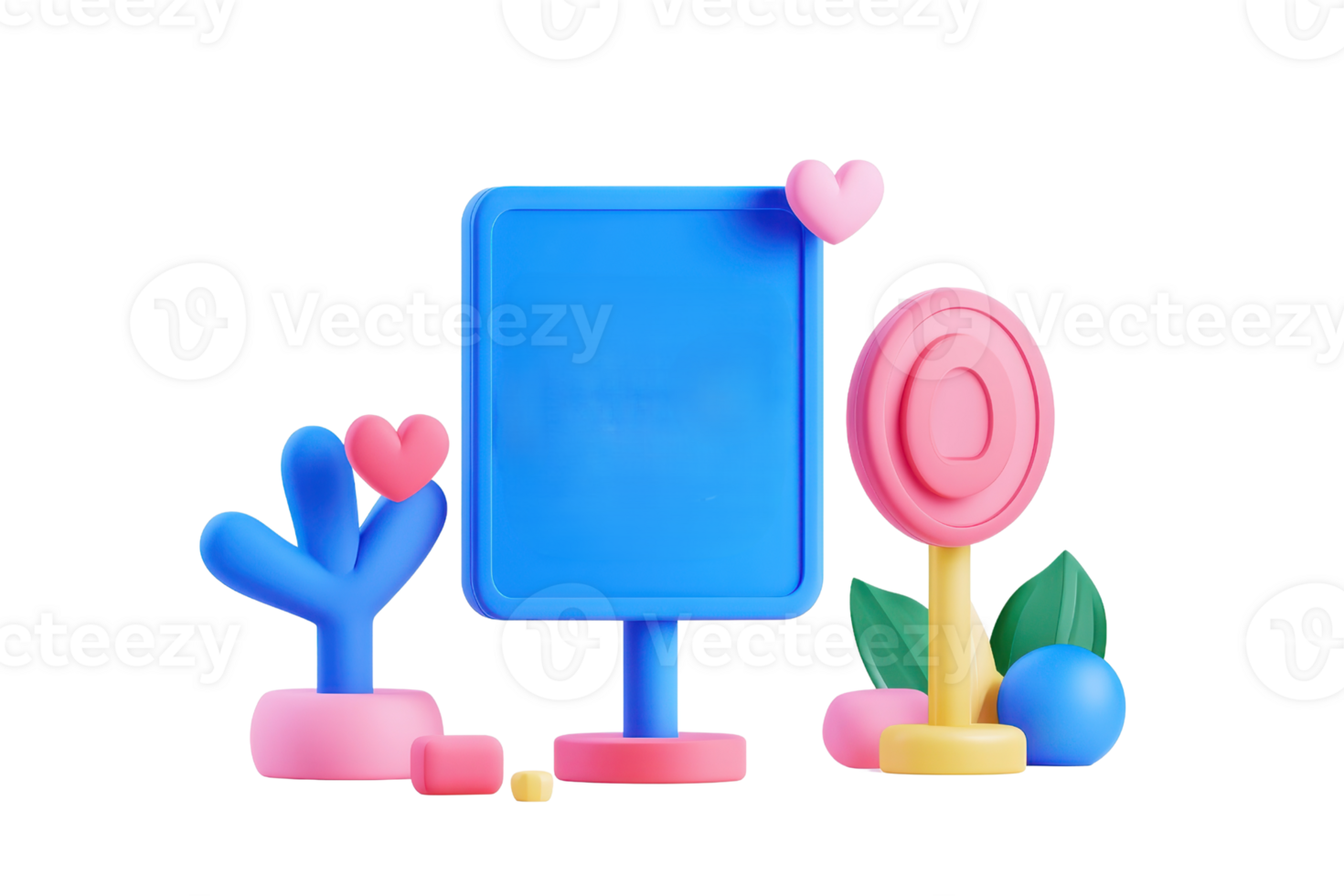 Colorful, playful shapes include a blue rectangular sign, a pink lollipop, and a stylized plant with hearts, creating a whimsical, modern aesthetic. png