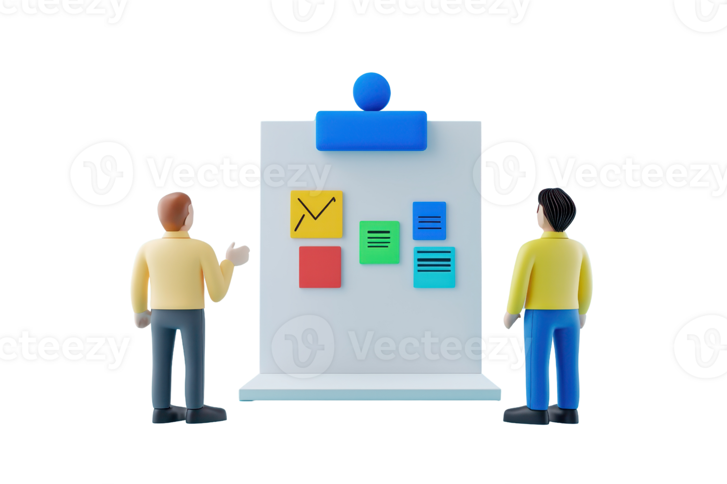 Two figures engage in a discussion while facing a presentation board displaying colorful notes and icons. png