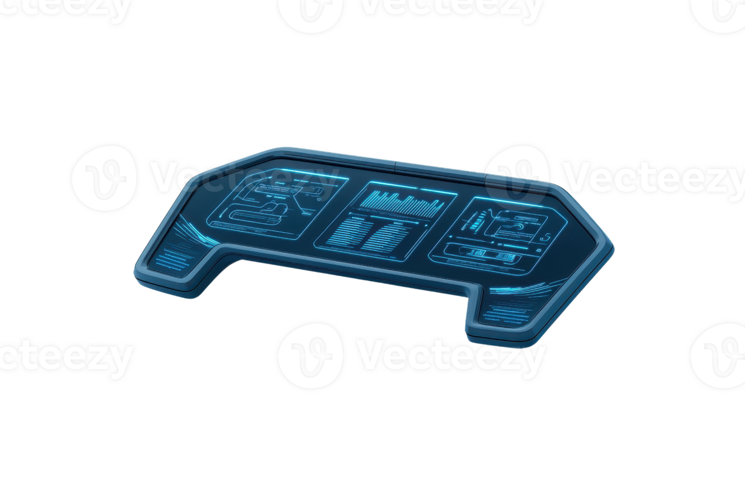 A futuristic control panel featuring glowing interface elements and digital displays. png