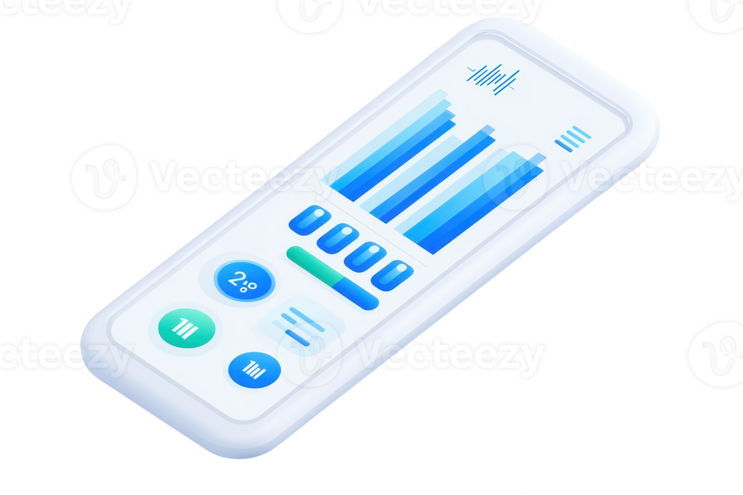 A sleek, modern device displaying various data visuals with blue bars and circular indicators. png