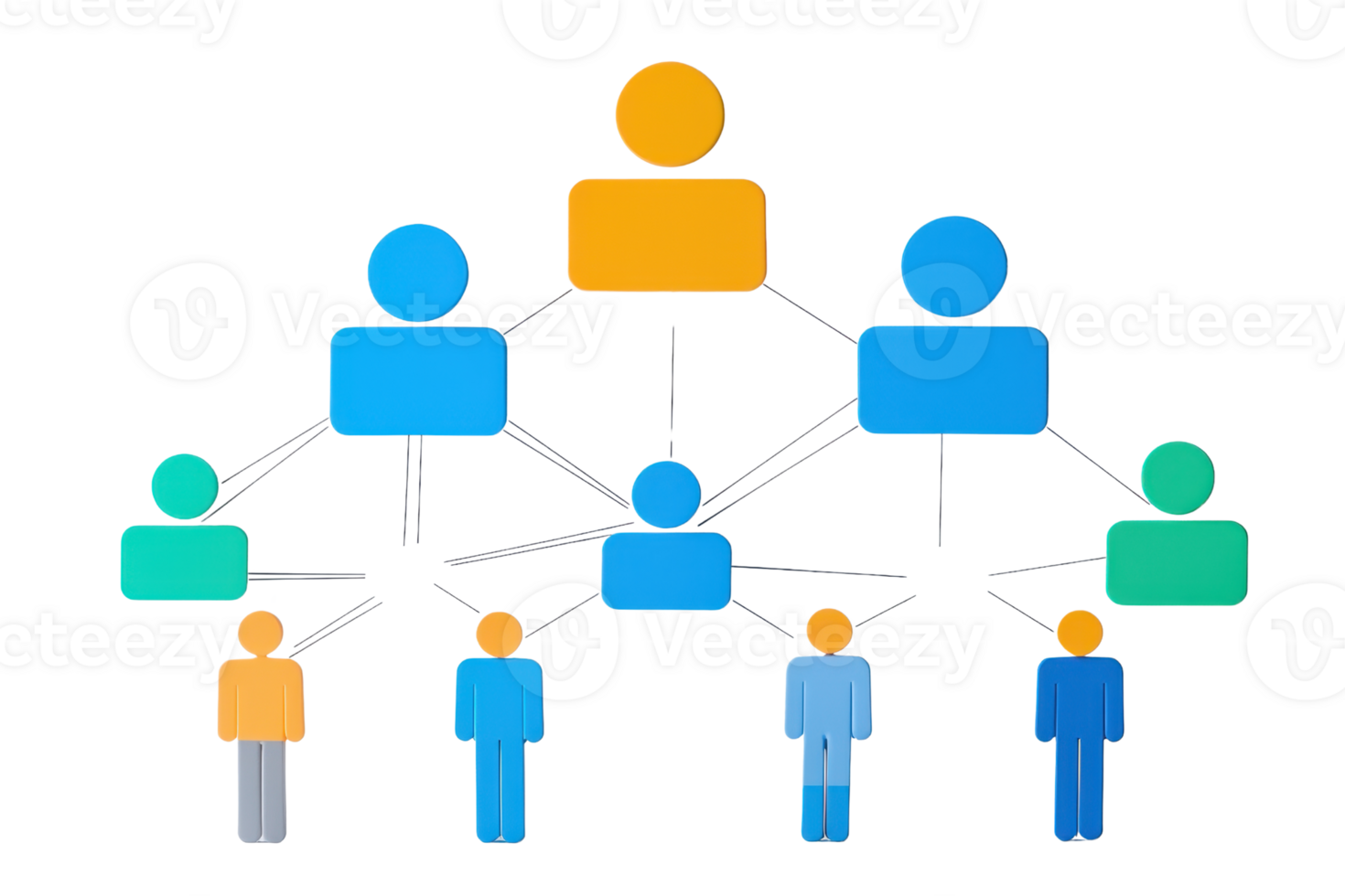 A diagram illustrating a hierarchical structure with figures representing various levels of relationships and connections. png