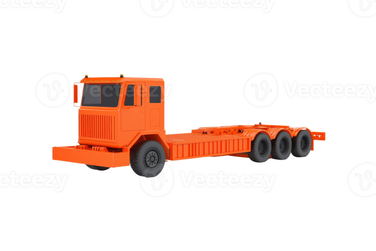 A bright orange truck chassis with three axles, designed for heavy-duty transport and construction purposes. png