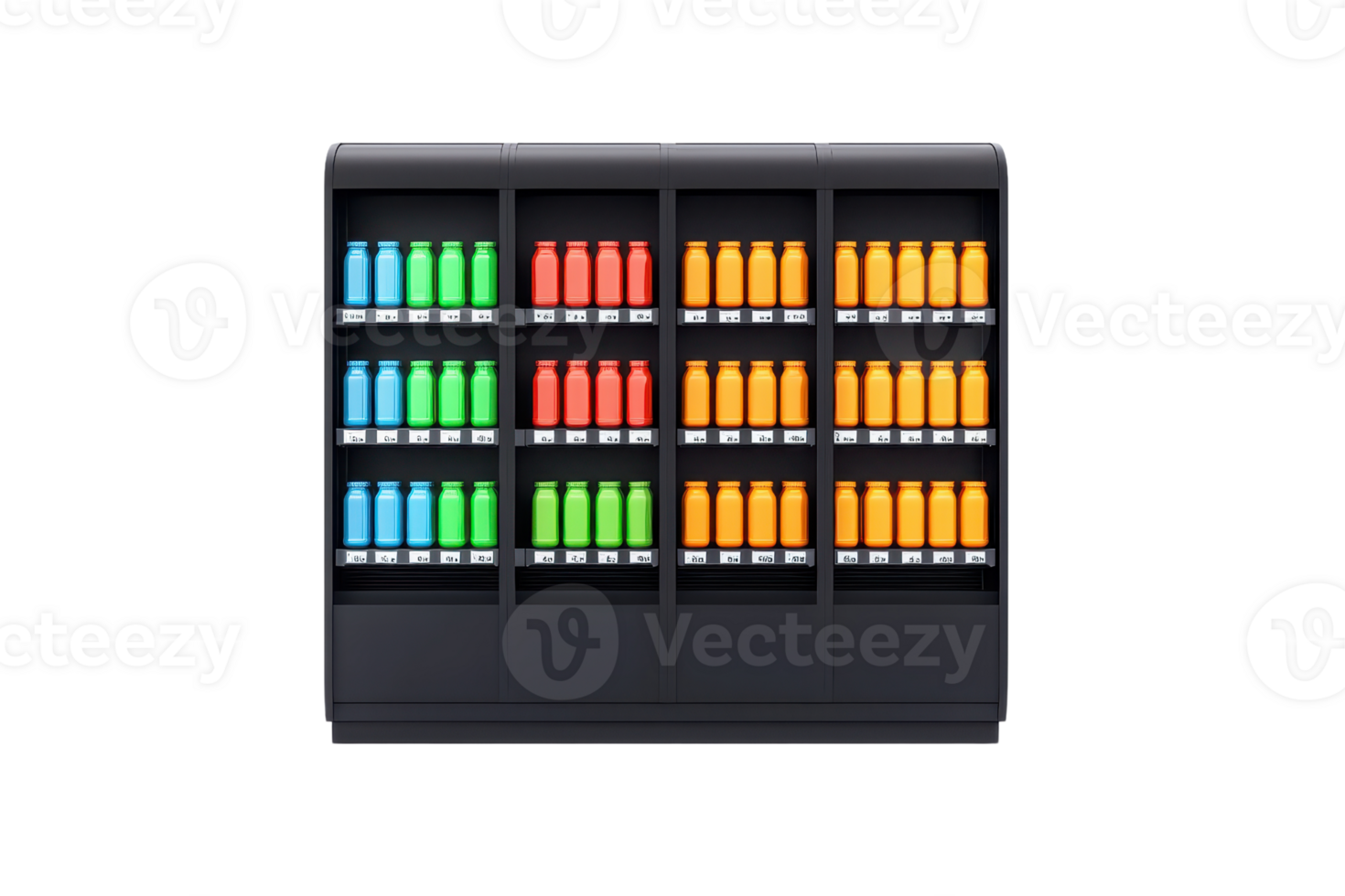 A display of colorful bottles arranged neatly in a shelving unit, showcasing various hues and a systematic organization. png