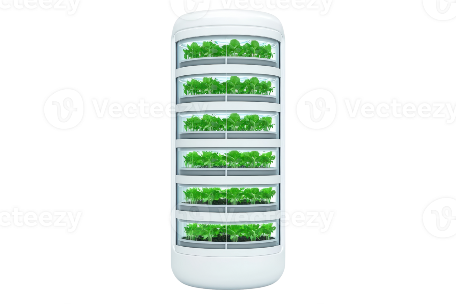 A vertical, modern hydroponic garden designed to grow multiple layers of plants efficiently. png