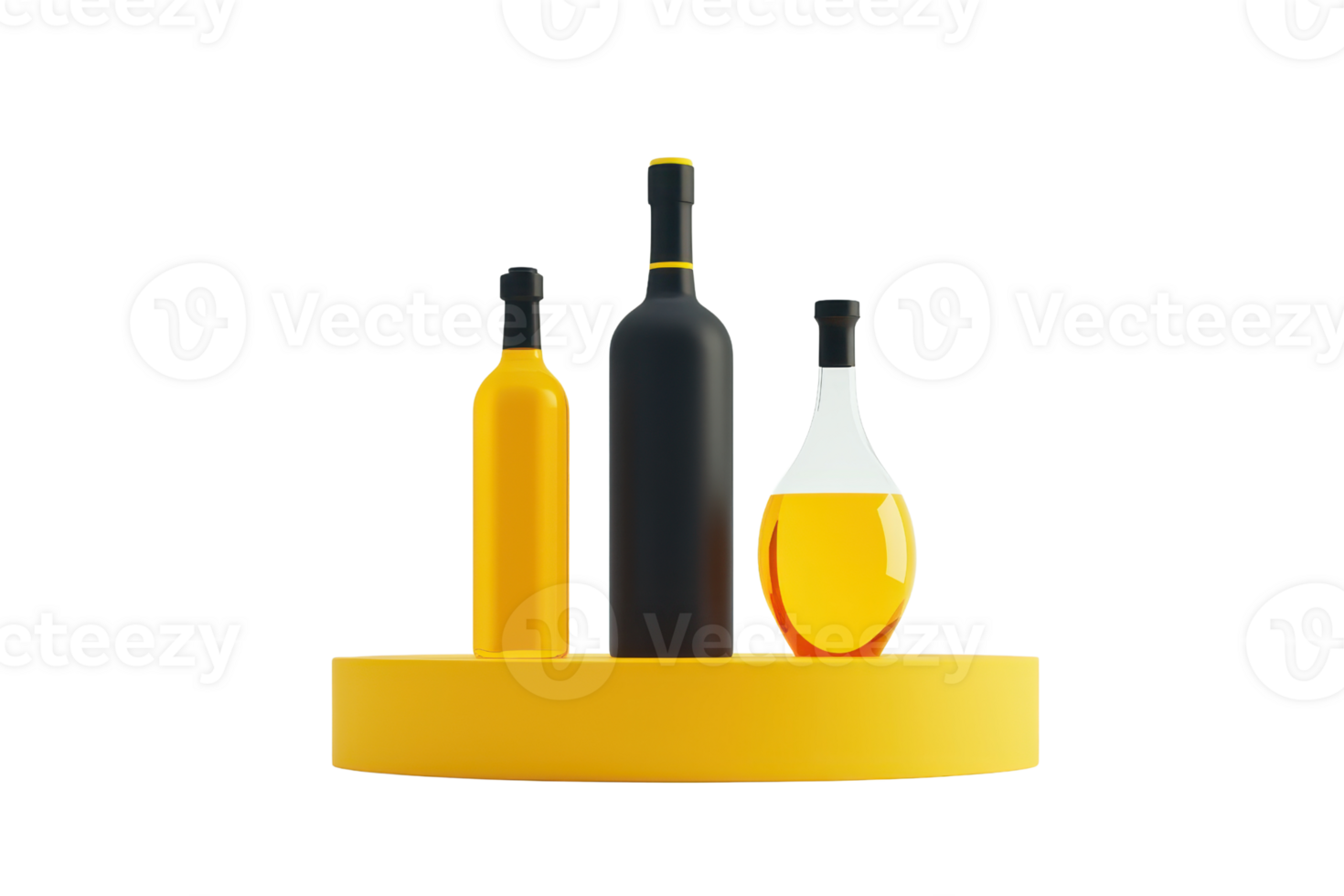 Three elegant bottles of varying shapes and sizes, featuring a combination of dark and light designs, displayed on a circular yellow platform. png