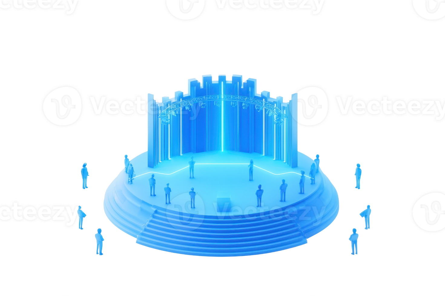 A modern, circular structure featuring columns and steps, illuminated in blue with figures surrounding it. png