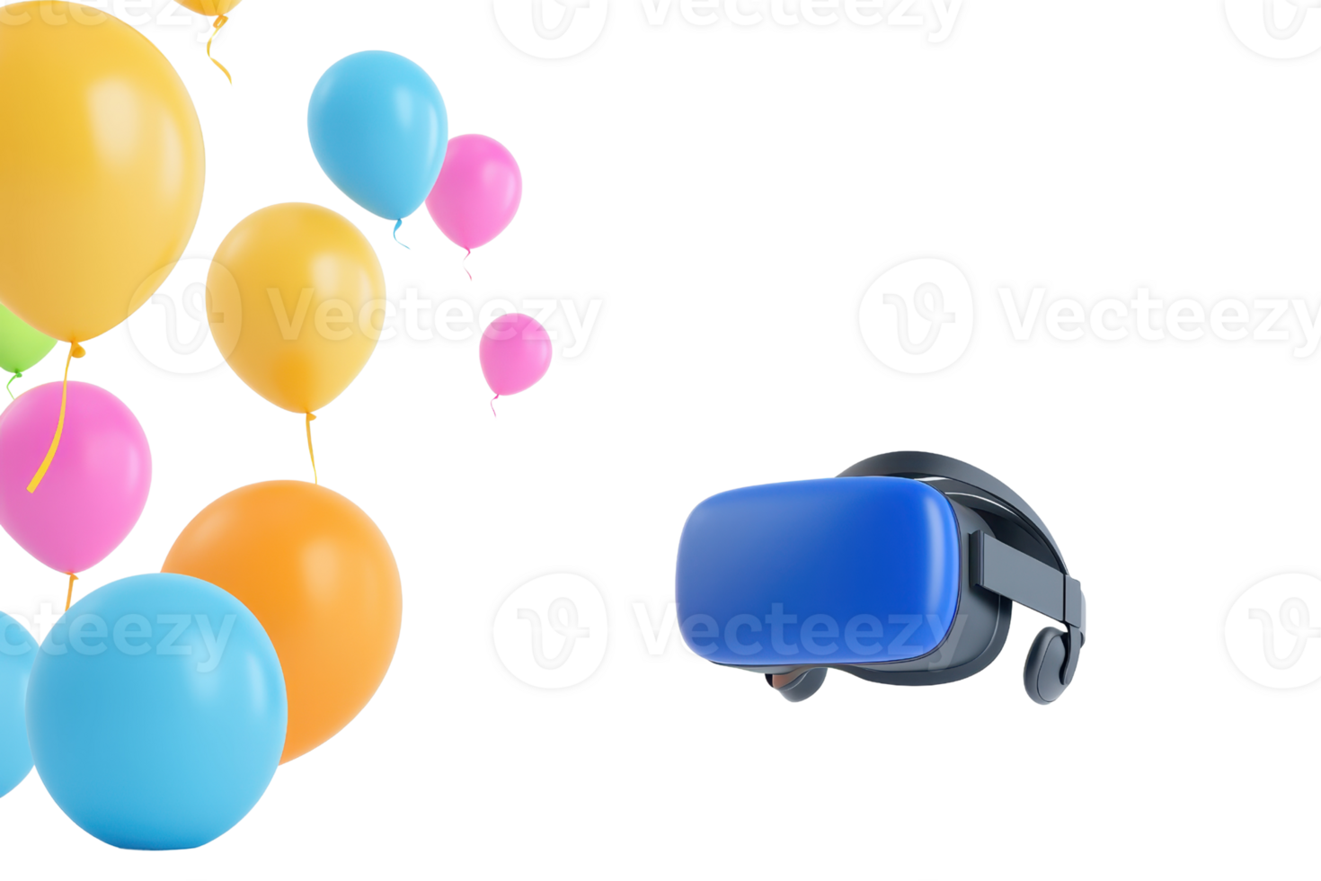 A virtual reality headset positioned next to colorful balloons, symbolizing fun and technology. png