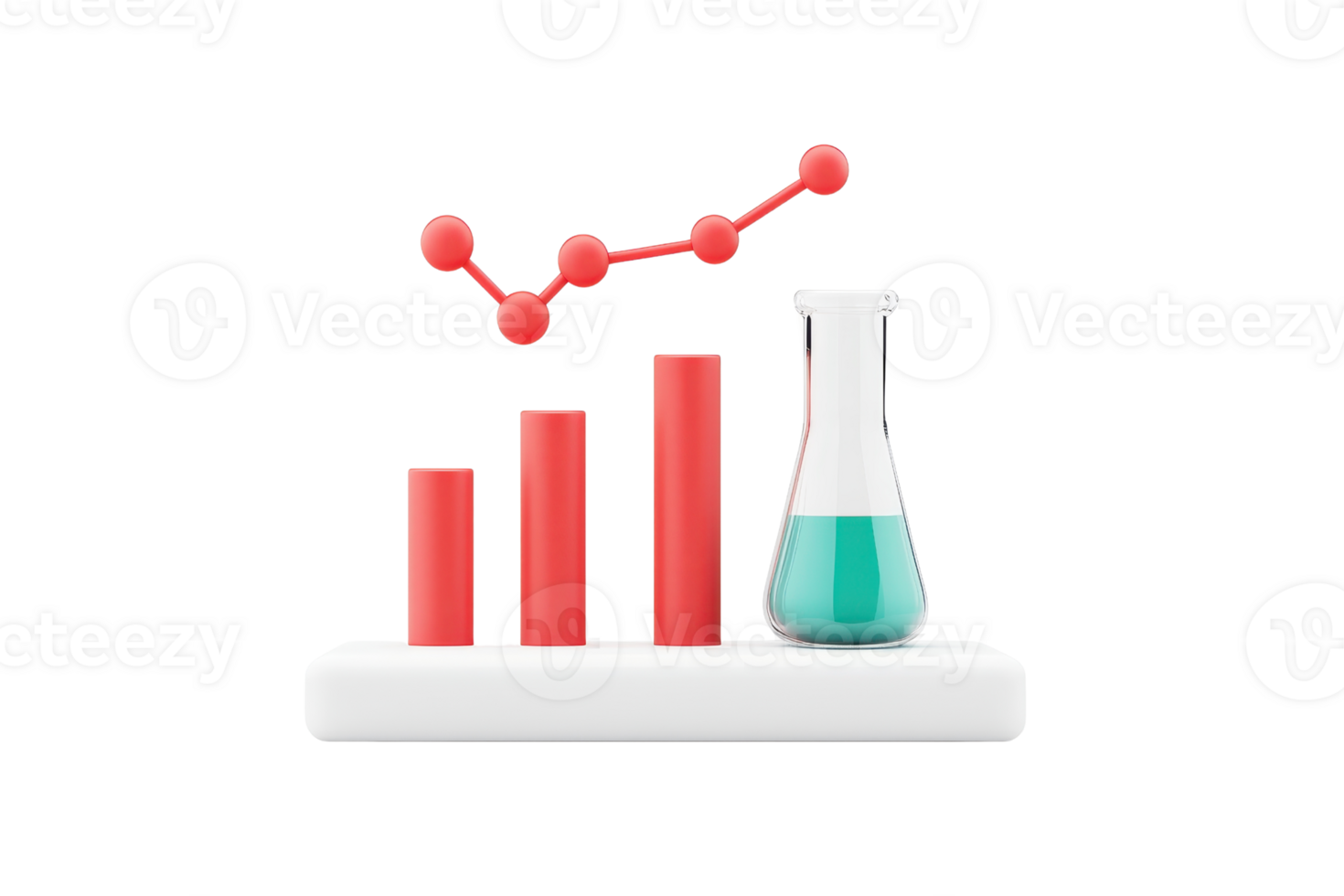 A colorful bar graph and a laboratory flask with green liquid, illustrating data analysis and scientific experimentation. png