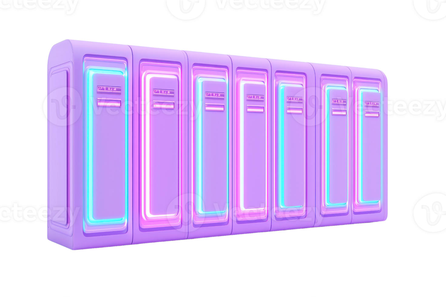 A series of colorful lockers illuminated in neon shades of pink and blue, arranged in a row. png