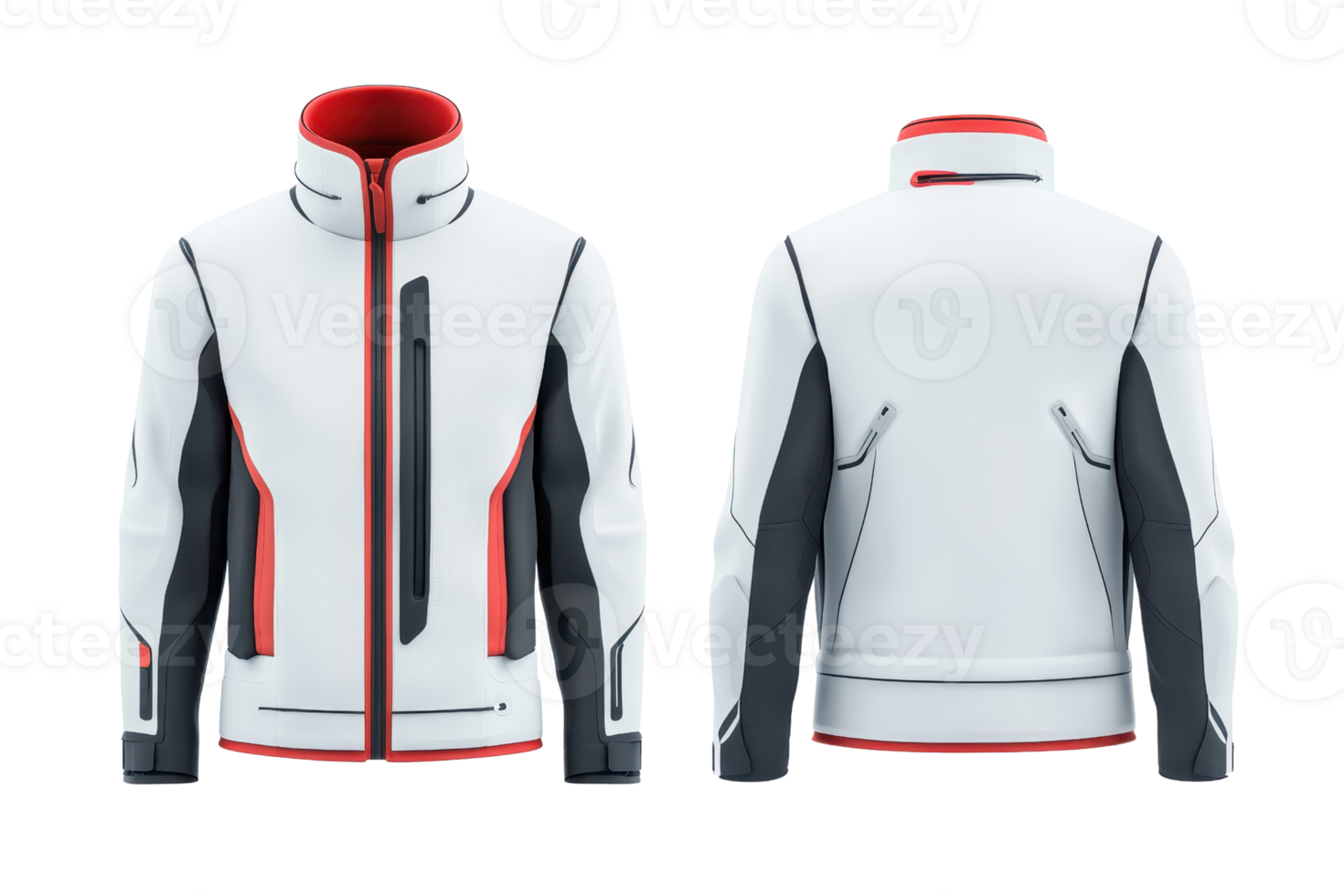 A stylish white jacket featuring red accents and functional pockets, designed for both functionality and fashion. png