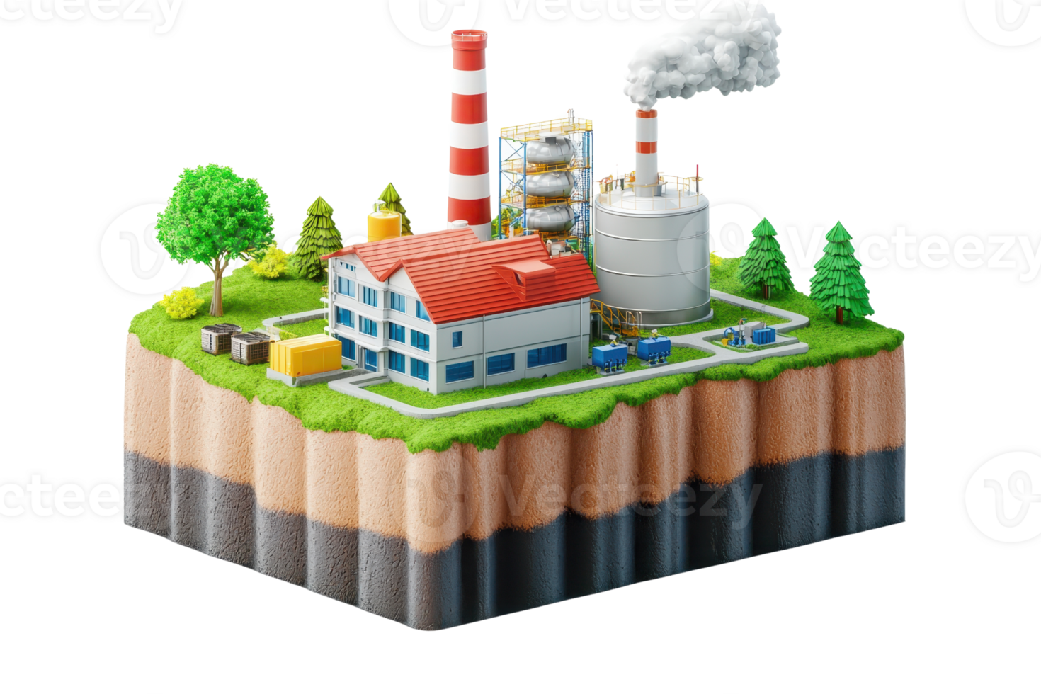 A colorful model of a factory with smokestacks, storage tanks, and greenery, representing industrial development and energy production. png