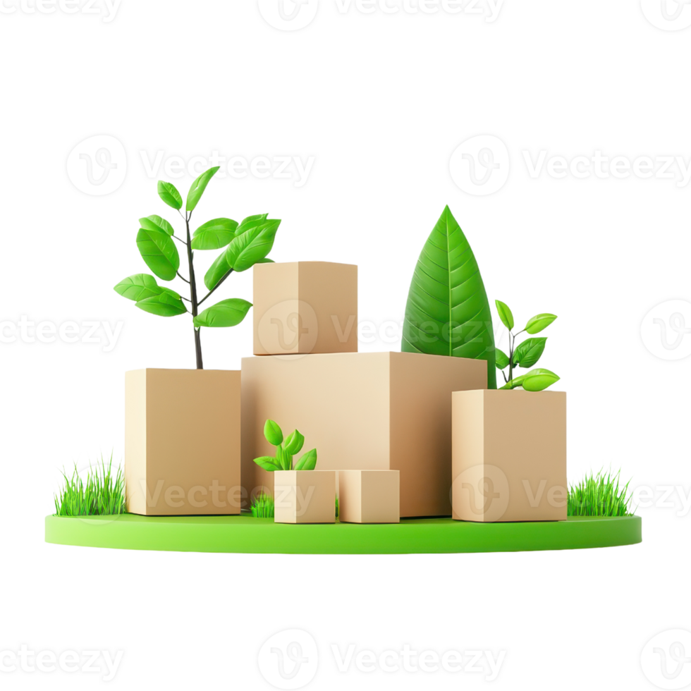 A collection of cardboard boxes arranged with green plants, creating a vibrant, eco-friendly display. png
