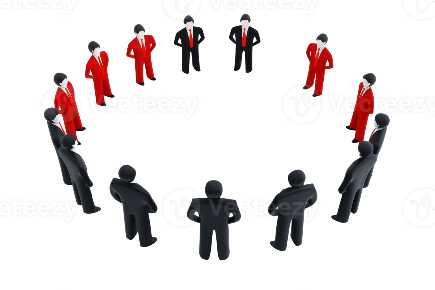 A group of stylized figures, some in red and others in black, arranged in a circular formation, suggesting collaboration or discussion. png