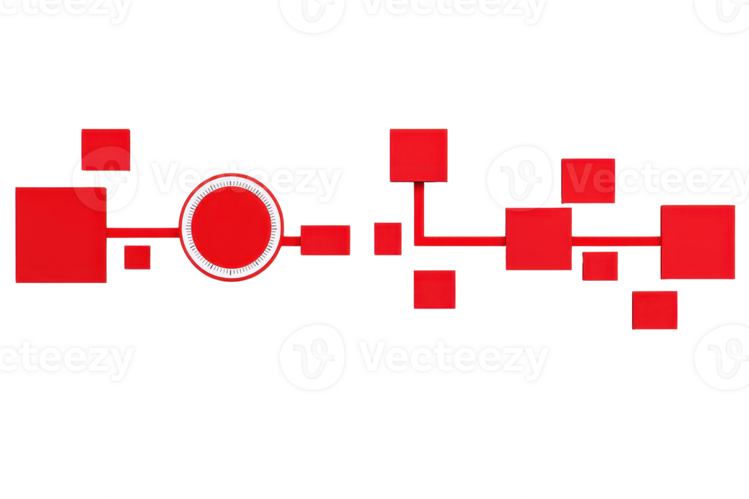 A series of red geometric shapes, including squares and a central circle, interconnected by lines against a dark backdrop. png