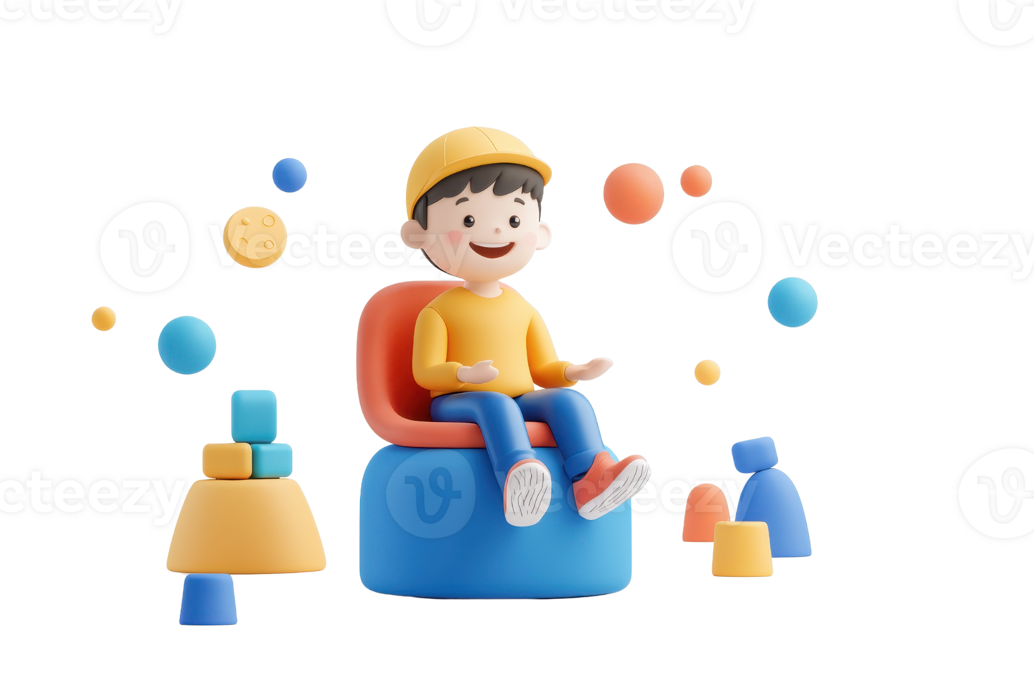 A cheerful child sits on a colorful chair surrounded by various playful geometric shapes, exuding a fun and creative atmosphere. png