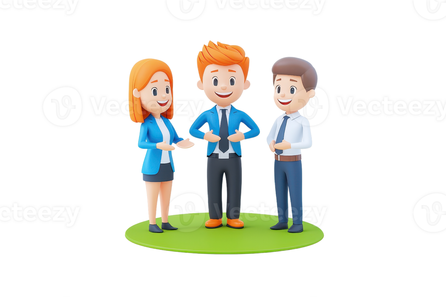 Three cartoon characters, two women and a man, engage in conversation, showcasing friendly interaction and teamwork in a professional setting. png