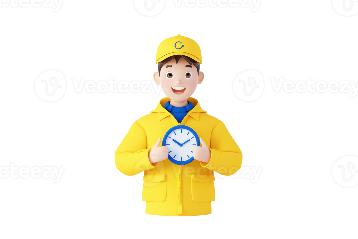 A cheerful character in a yellow raincoat holds a clock, symbolizing time management and readiness. png