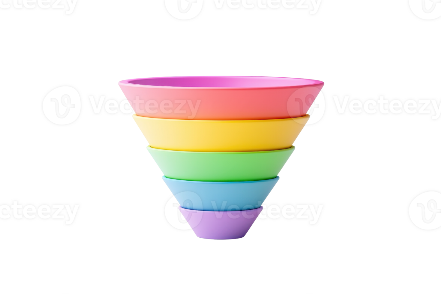 A stack of colorful bowls arranged in a conical shape, showcasing vibrant hues from pink to purple. png