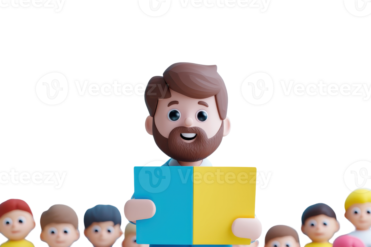 A cheerful man holds a colorful chart, surrounded by small figurines, against a transparent background, suggesting a teaching or presentation scenario. png