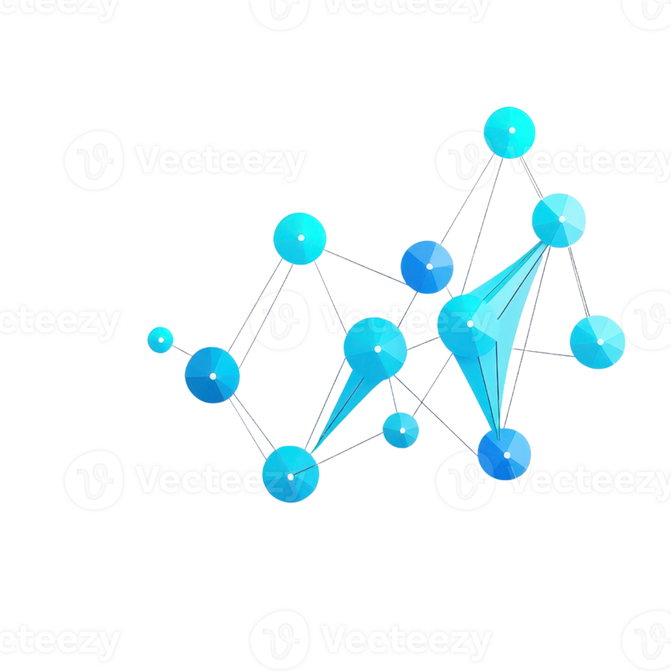 A cluster of blue geometric shapes connected by lines, resembling a molecular structure or network. png